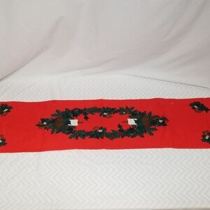 Red Vintage Christmas MCM Printed Linen Table Runner Candle & Holly Design 46x12